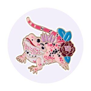 Reptile Animal Enamel Pin: Pink Bearded Dragon Lizard with Succulents